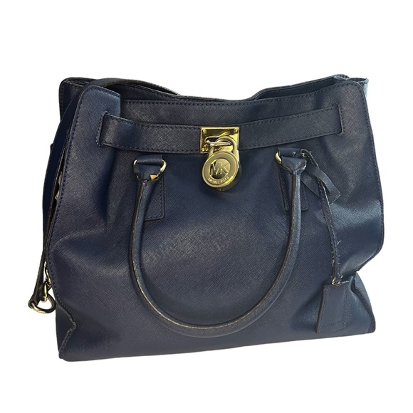 Michael Kors Handbags - Michael Kors Hamilton in Navy Blue with Semi-Chain Strap and Gold Hardware